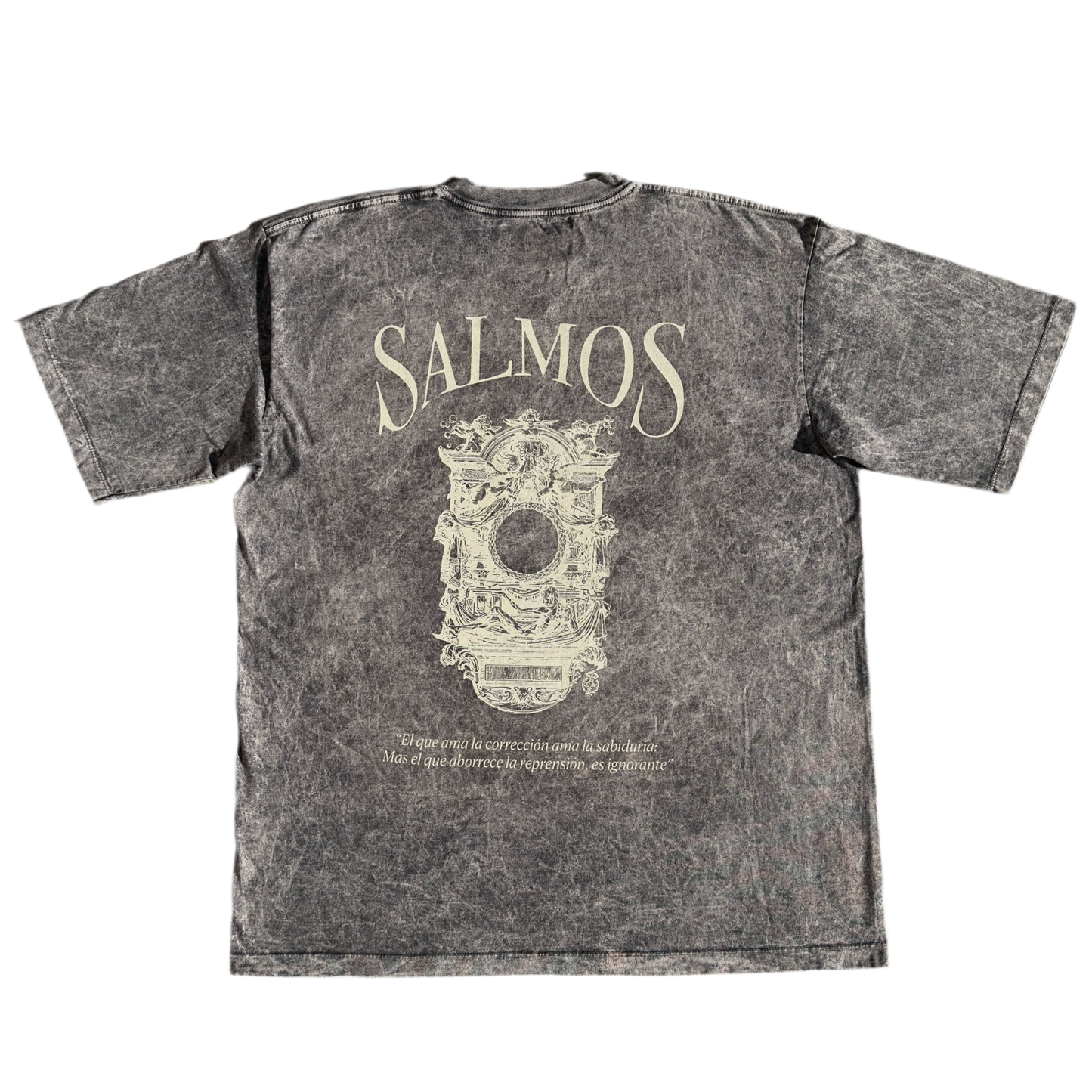 Camiseta Oversized Acid Wash "Proverbios 12:1" Gris Oscura